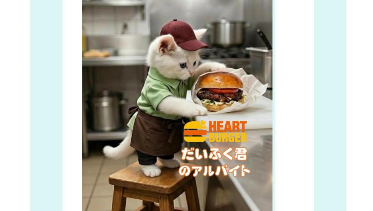 白猫だいふく君HEART BURGERでアルバイト編